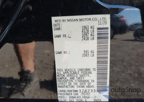 2021 Nissan Altima Sv Fwd из США, поврежденный, VIN 1N4BL4DV3MN324233